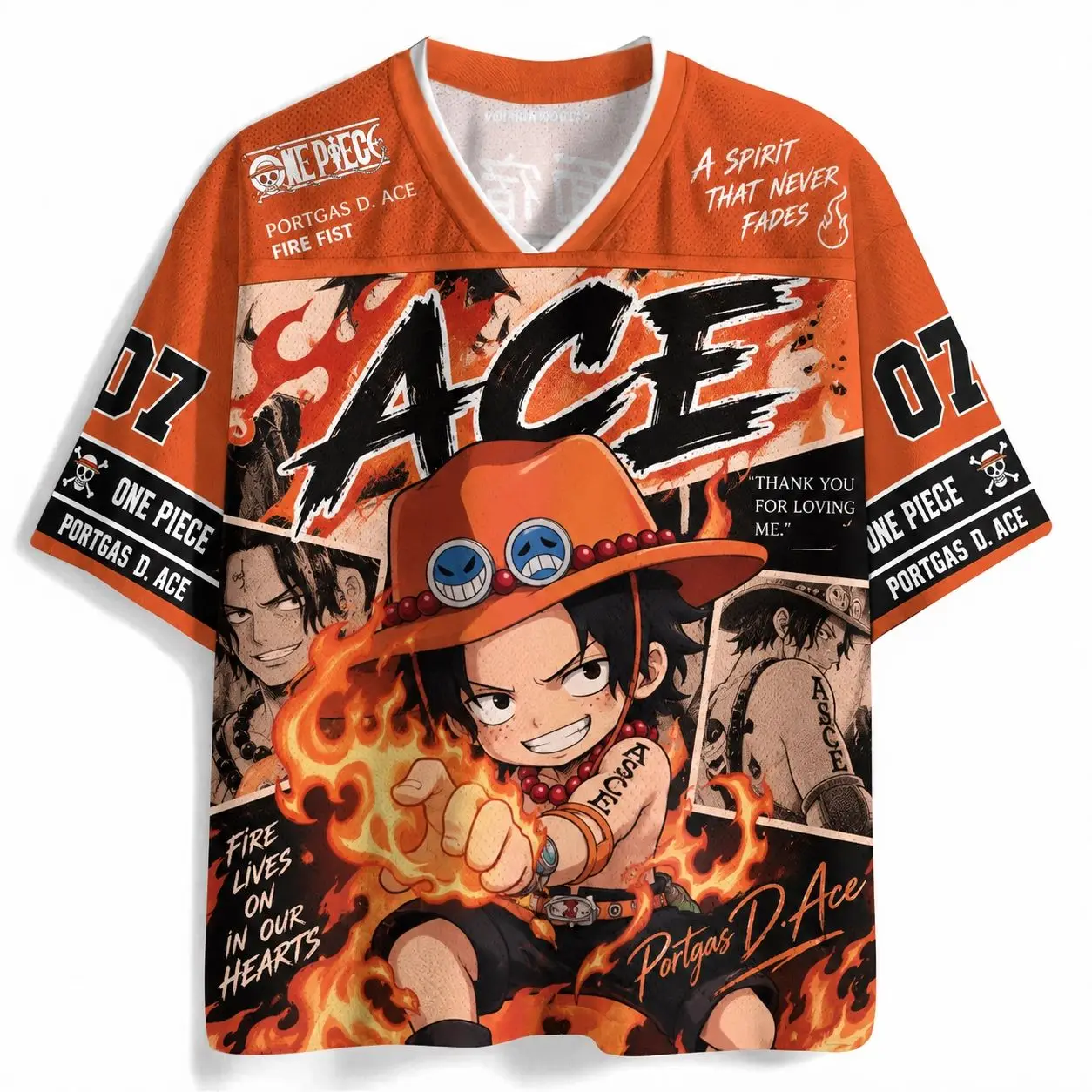 One Piece Fire Fist Ace Mesh Shirt Men's and Women's T-shirt Q Edition Style Retro Anime Street Dress Loose Cosplay