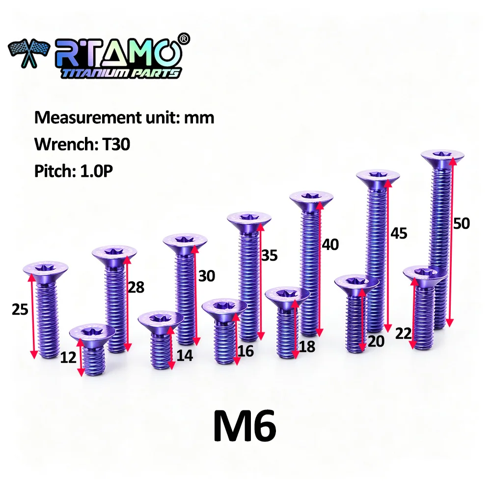 RTAMO Gr5 Titanium Bolt M6X12/14/16/20/22/25/28/30/35/40/45/50 Countersunk Bolt Torx Head for Motorcycle Bike Car Modified