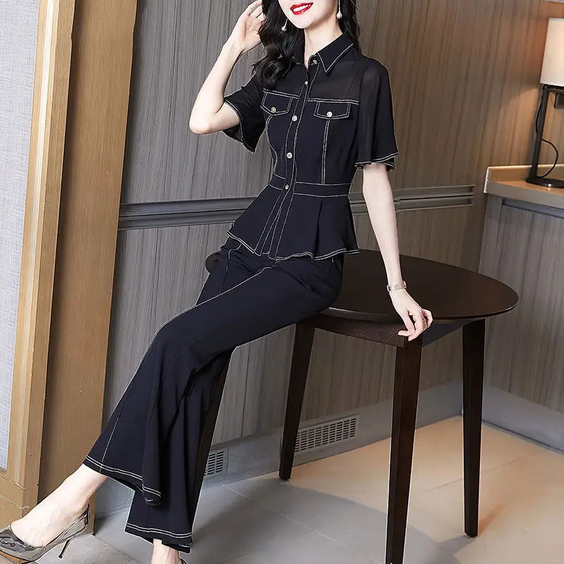 Suit Women Pantsuits Summer Oversize Fashion Patchwork Turn Collar Single-Breasted Blouse & Flare Pants 2 Piece Sets Outfits