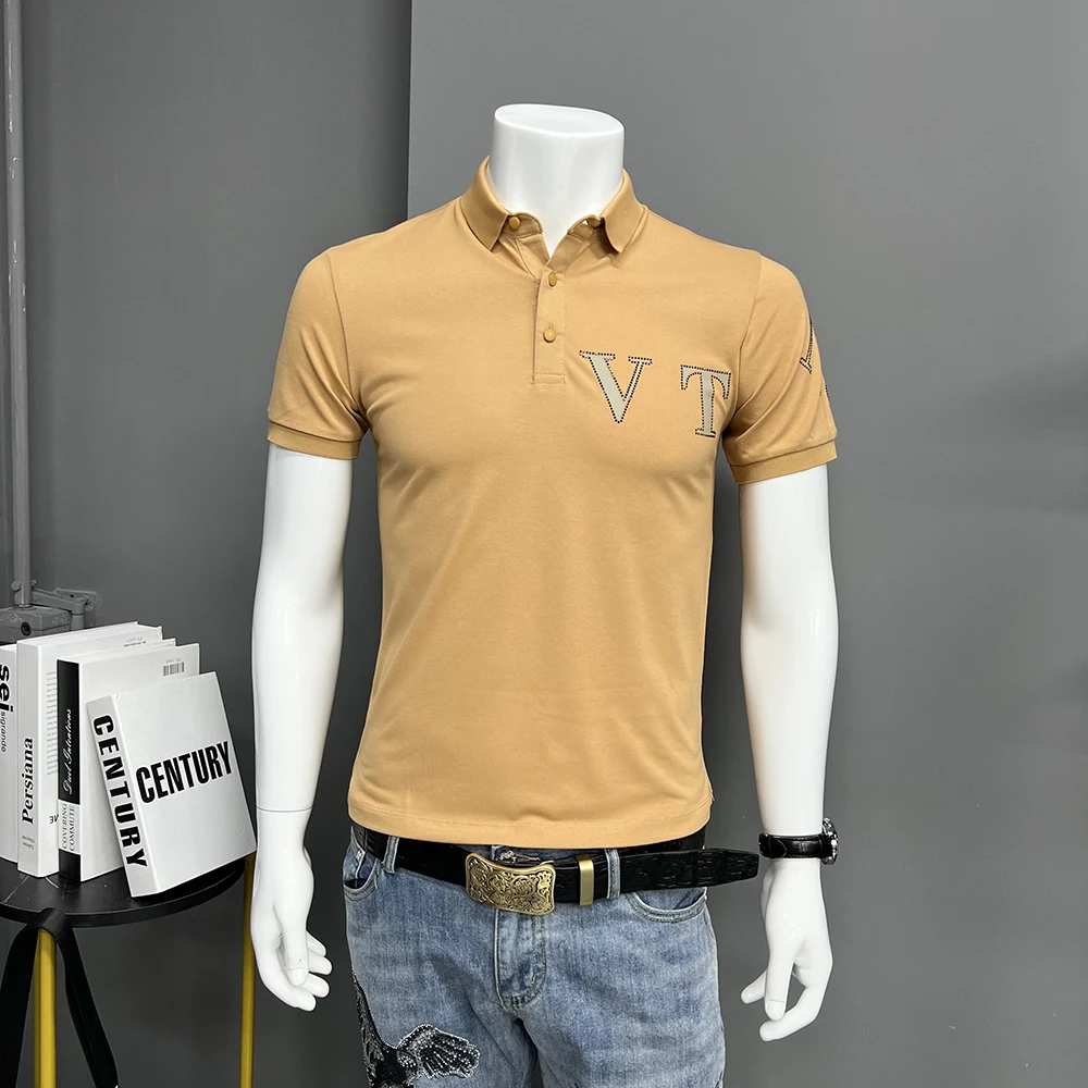 

Men's Lapel Collar POLO Shirt Hot Diamond Letter Design Short Sleeve Male T-shirt Simplicity Fashion Trendy Brand Man Clothing