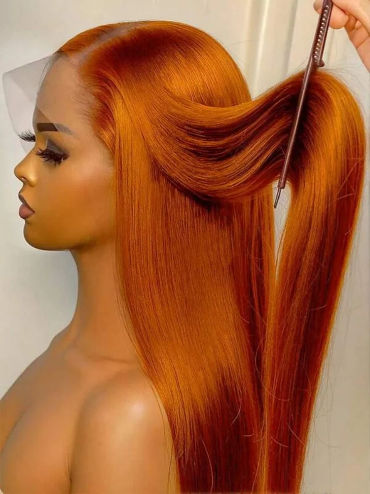 

Colored Ginger Orange Human Hair Wigs Straight 13x4 HD Lace Frontal Wig PrePlucked For Women 250 Density Straight Lace Front Wig