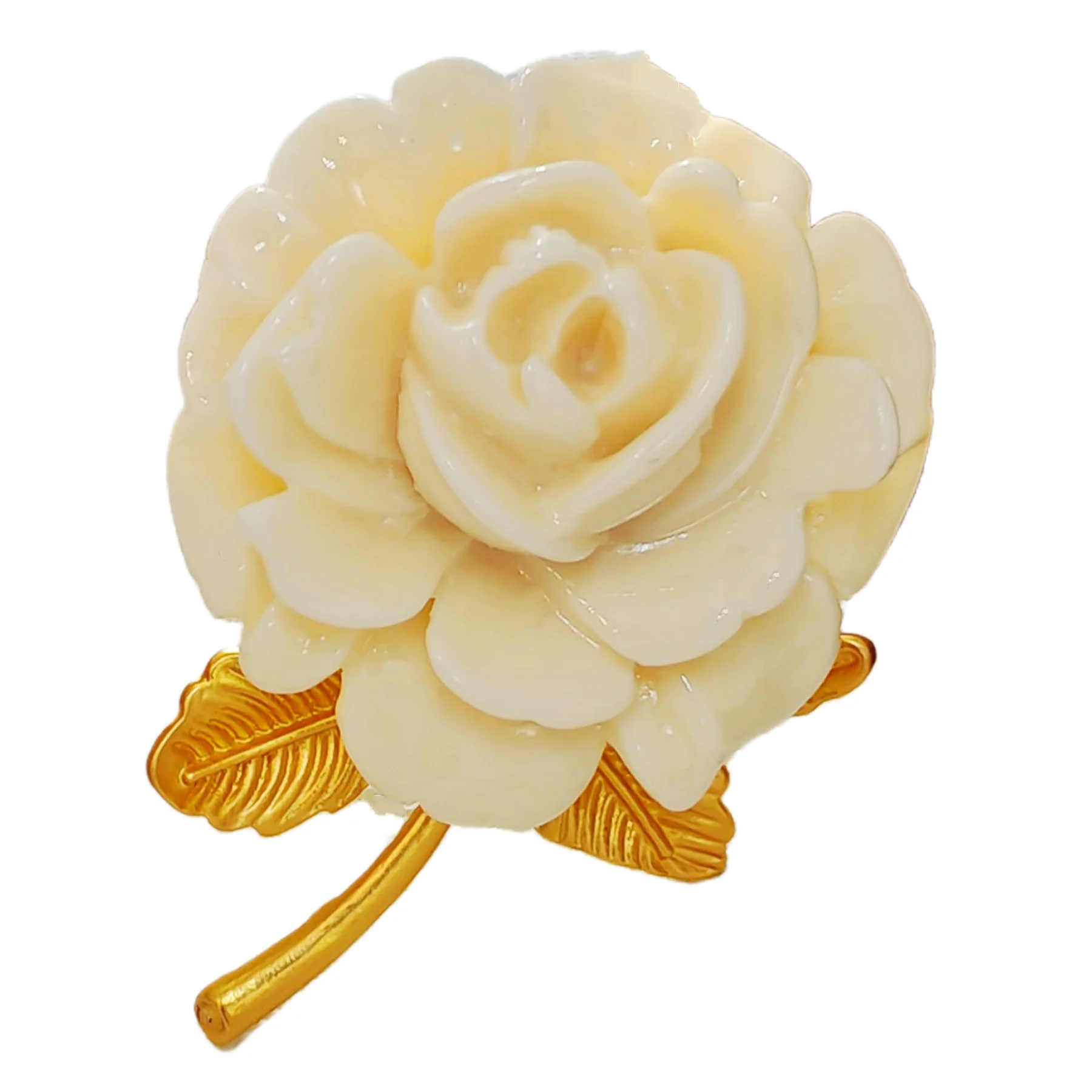 

Romance Vintage Ivory Resin Rose Brooch with Gold Leaf Detail Sweet Jewelry