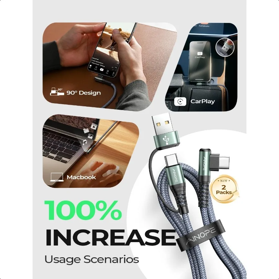 كابل USB C مع محول USB إلى USB C لشاحن iPhone 15 17X60W شاحن من النوع C كابل شحن سريع لجهاز iPad 2 6.6FT Right Ang