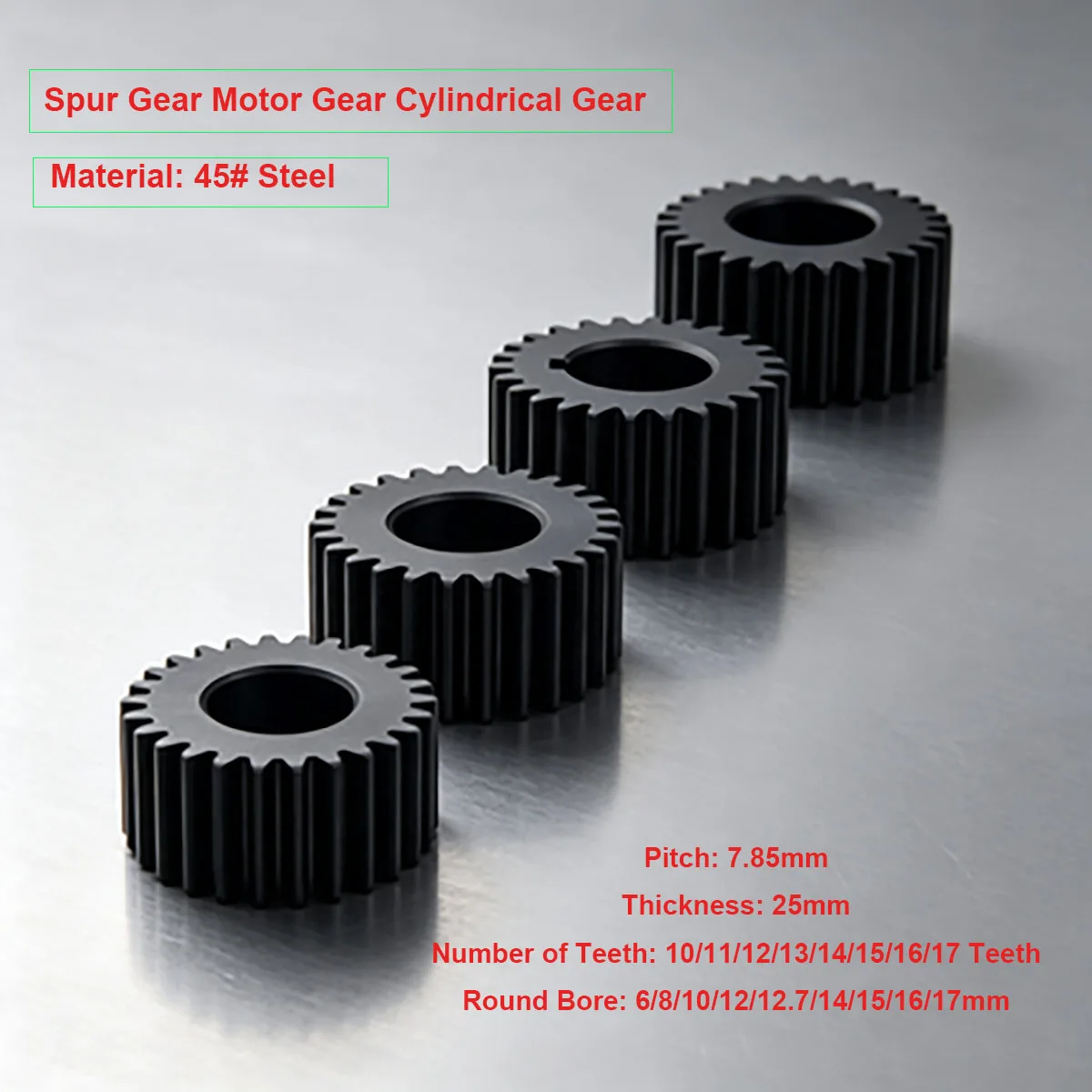 1pcs 2.5M Spur Gear 2.5 Mod 10/11/12/13/14/15/16/17 Teeth Flat Motor Gears 45# Steel Cylindrical Gear Bore 6-17mm Pitch 7.85mm