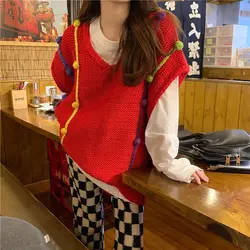 Two Piece Set with Contrasting Color Wool Ball V-neck Vest Sweater Loose Knit Vest Top Women's Long Sleeved T-shirt