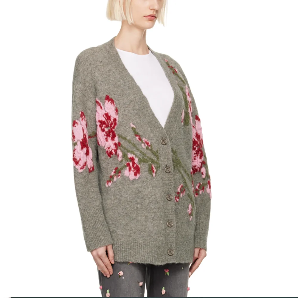 Elegant V-Neck Wool Blend Sweater Y2K Stereo Jacquard Long Sleeve Knitted Cardigan Top for Women Spring 2025 New Temperament