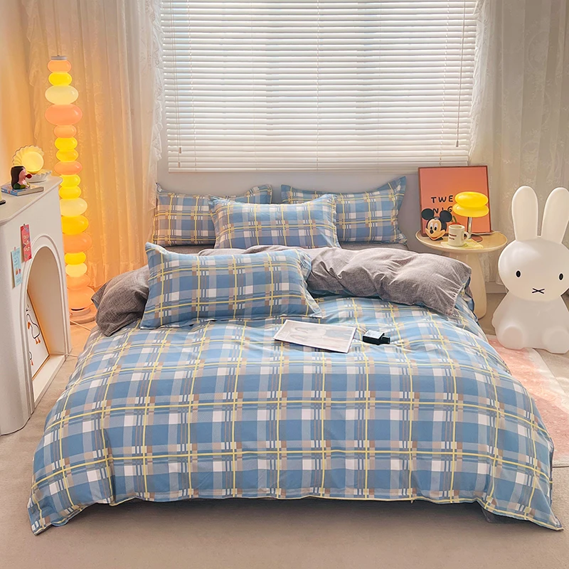 1PC Quilt Cover: Light Blue Plaid (Grey Accent), Yellow-White Plaid, Fresh Minimalist Vibe, Skin-Friendly, Fits Single/Double