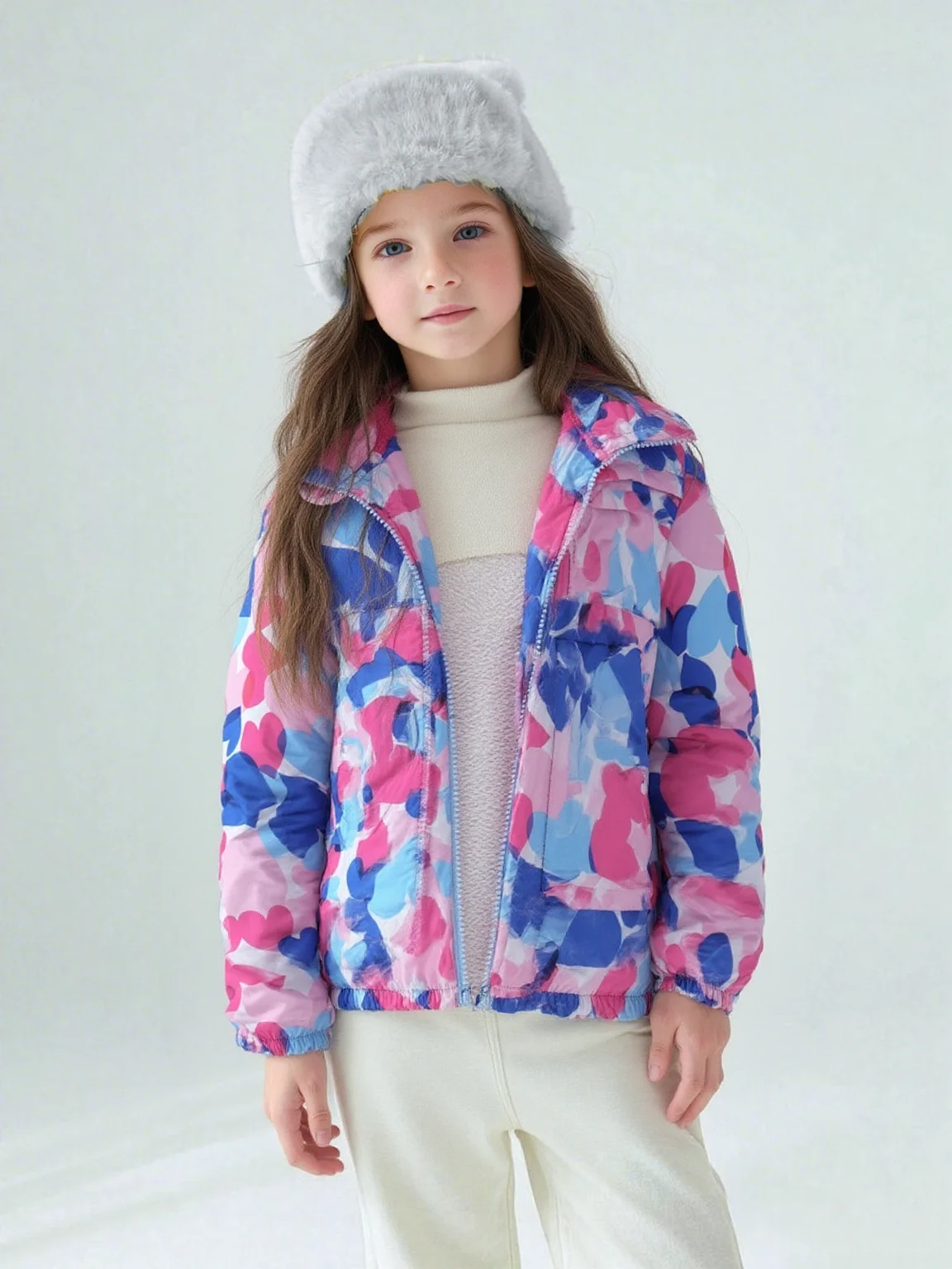 Mädchen-Herbst- und Winterliebe-Jacke mit vollem Aufdruck und Reißverschluss – modischer, mit Fleece gefütterter, winddichter, warmer Mantel mit Kapuze