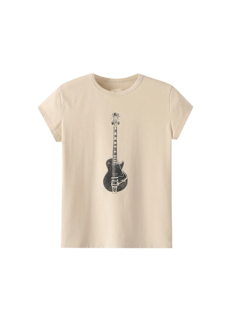 PUWD Casual Women Guitar Print Soft Cotton Tees 2022 Summer Fashion Ladies O Neck Short Sleeves  Female Knitted Preppy Style Top