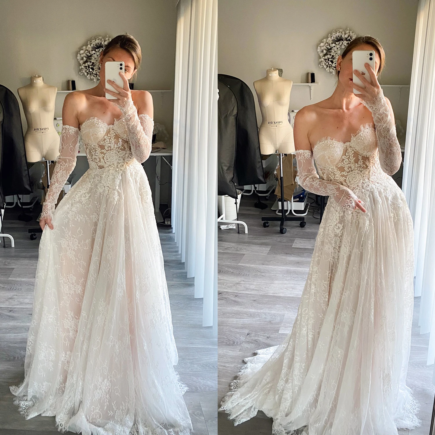 Şeffaf Dantel Kirpik Bustline Özelleştirilmiş Gelin Törenlerinde Uzun Kollu Boncuk Aplike Boning Romantik Sevgiliye Gelinlik