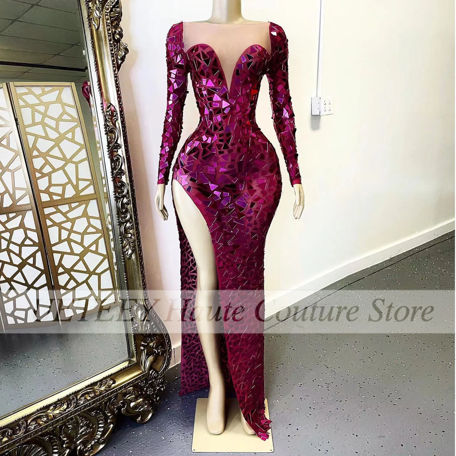 Sparkly Sexy Mermaid Prom Dresses For Women Sequined Long Sleeve High Split Nightclub Stage Festival Outfit Evening Dress