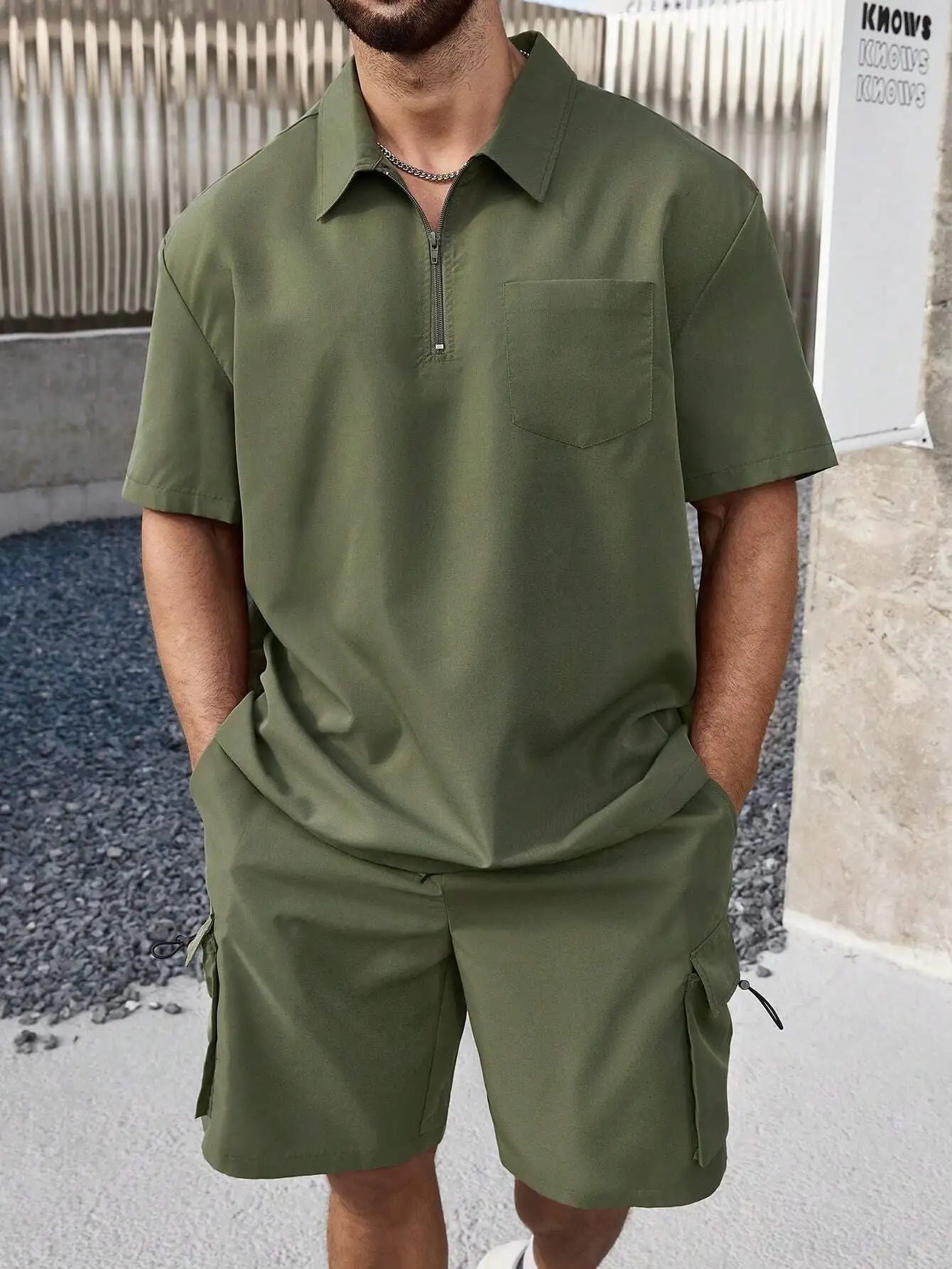 

Men's Solid Color Zipper Collar Shirt And Cargo Shorts Set
