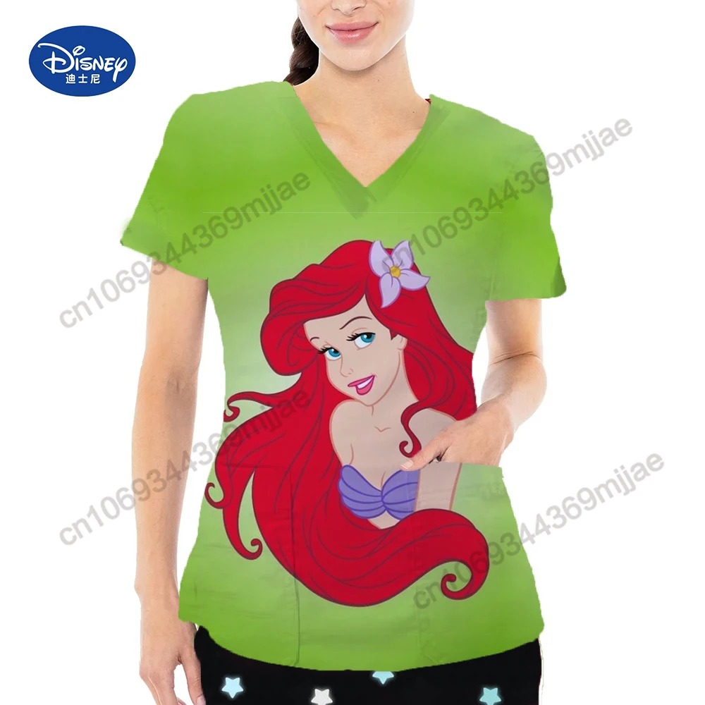 Summer New Beautiful Disney Princess Cartoon Pattern Printed Comfortable Women\'s T-shirt  Casual Nurse Uniform Y2k Style Top