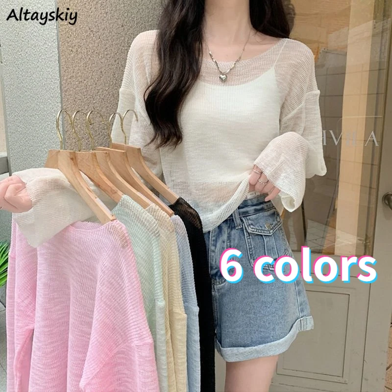 Long-sleeve T-shirts Summer Thin Sun-proof Breathable Loose Casual 6 Colors All-match Sexy Sheer Fashion Korean Style Streetwear