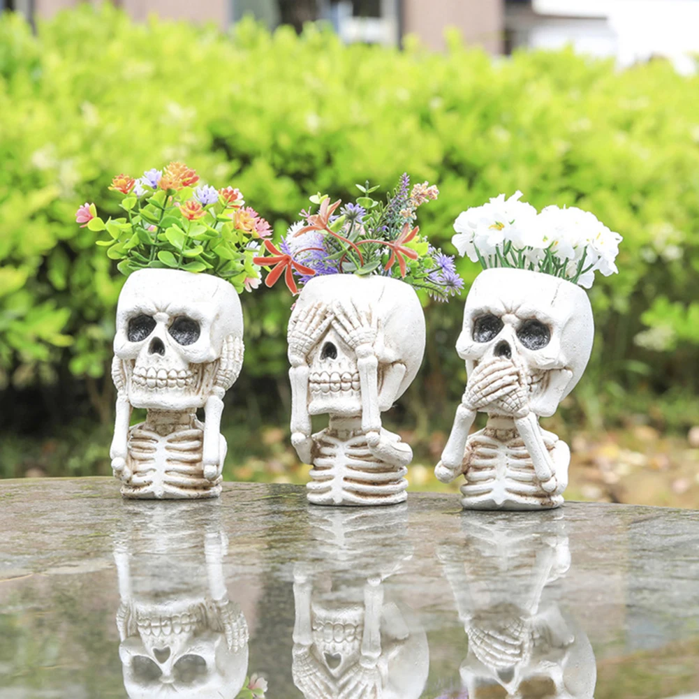 Resin Skull Planter Weather Resistant Sturdy Flower Pot For Home Garden