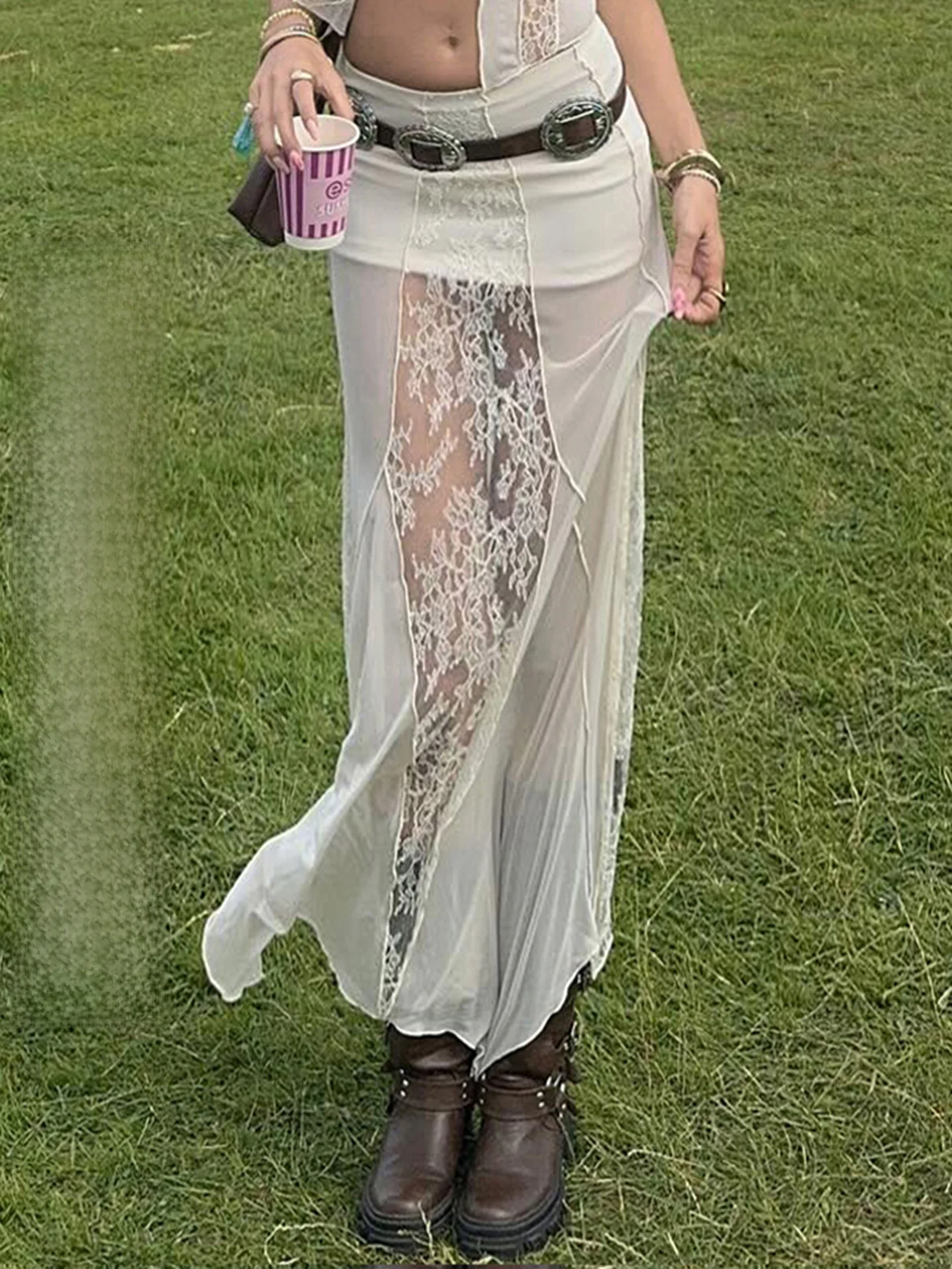 

Low Waist Lace Patchwork Asymmetrical Slim Fit Long Skirt WEEKEEP Street Sle Travel Casual Sexy See tough f Body Skirt