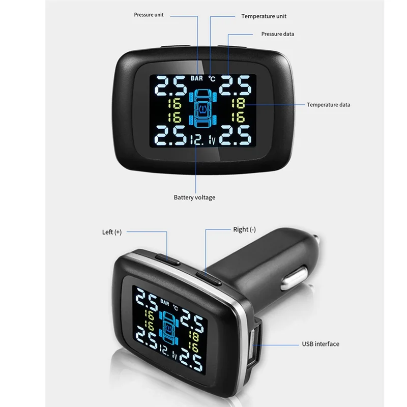 A30F-TPMS شاحن سيارة Tpms الاستشعار نظام مراقبة ضغط الإطارات السيارات الإطارات ضغط الهواء إنذار الأمن 4 أجهزة الاستشعار
