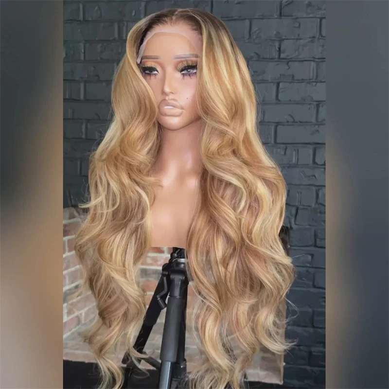 Woman Wigs High Density Wig Free Part Ombre Golden Blonde Highlights Synthetic HD Lace Front Wig with Roots Preplucked Hairline