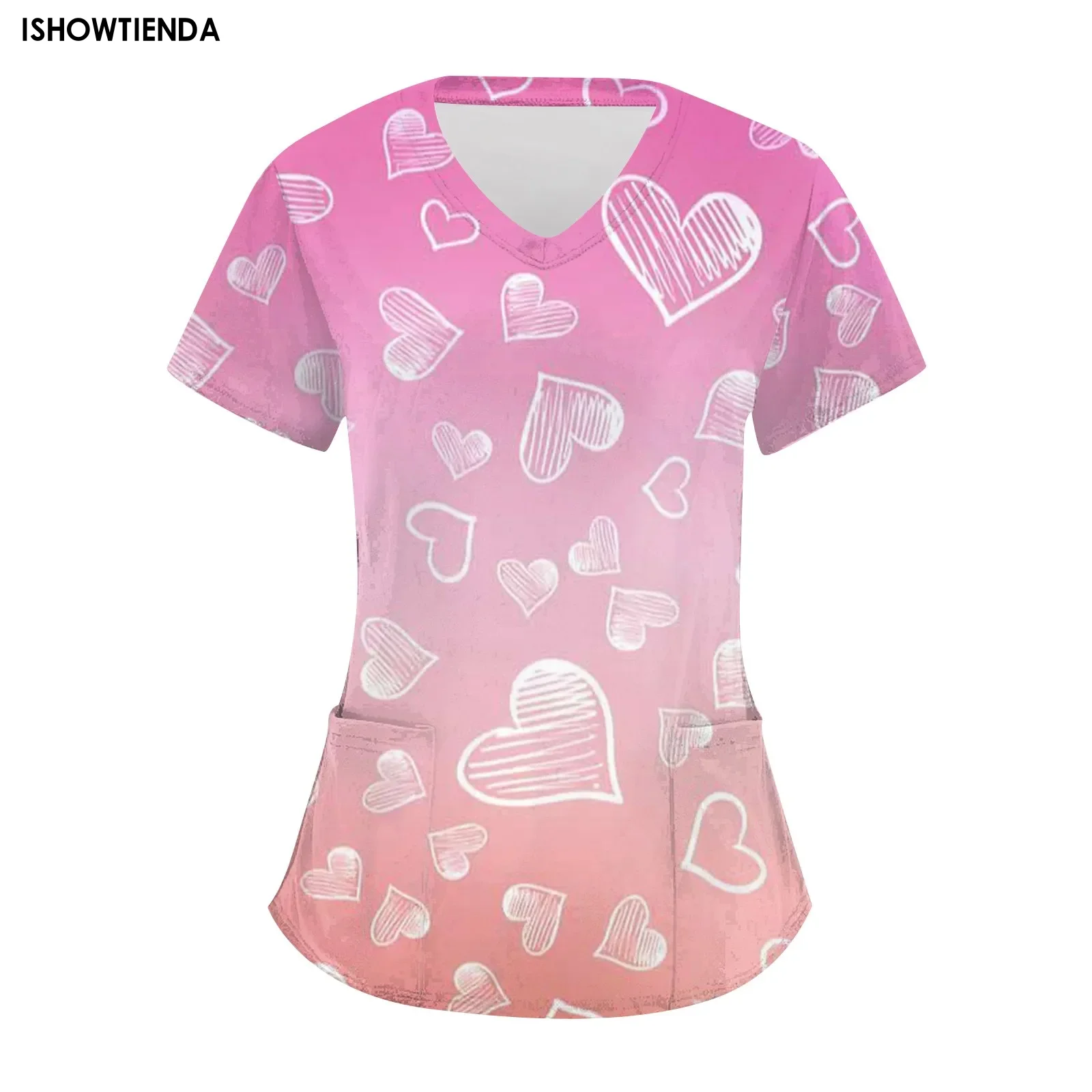 Valentine Day Nurse Uniform Women Heart Love Print Medical Scrubs Working Short Sleeve Uniform Blouse Scrubs Nursing Working