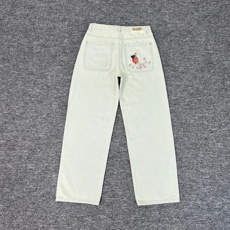 

Derschutze Koi Fish Bear Loose Straight Jeans Wide Leg Pants Men Women Vintage High Street Casual Denim Trousers Leather Tag y2k