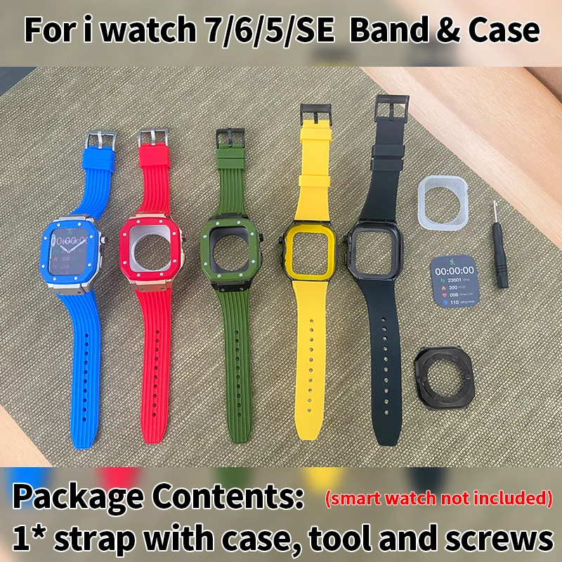 Kit de modificación de lujo para Apple Watch Series 7, 6, 5 SE, funda resistente de 45mm para hombre, cubierta de Metal + correa deportiva de silicona