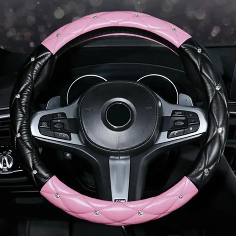 

Steering Wheel Cover With Rhinestones Steering Wheel Cover Bling Rhinestones Anti-Slip PU Leather Glitter Car Handle Guard