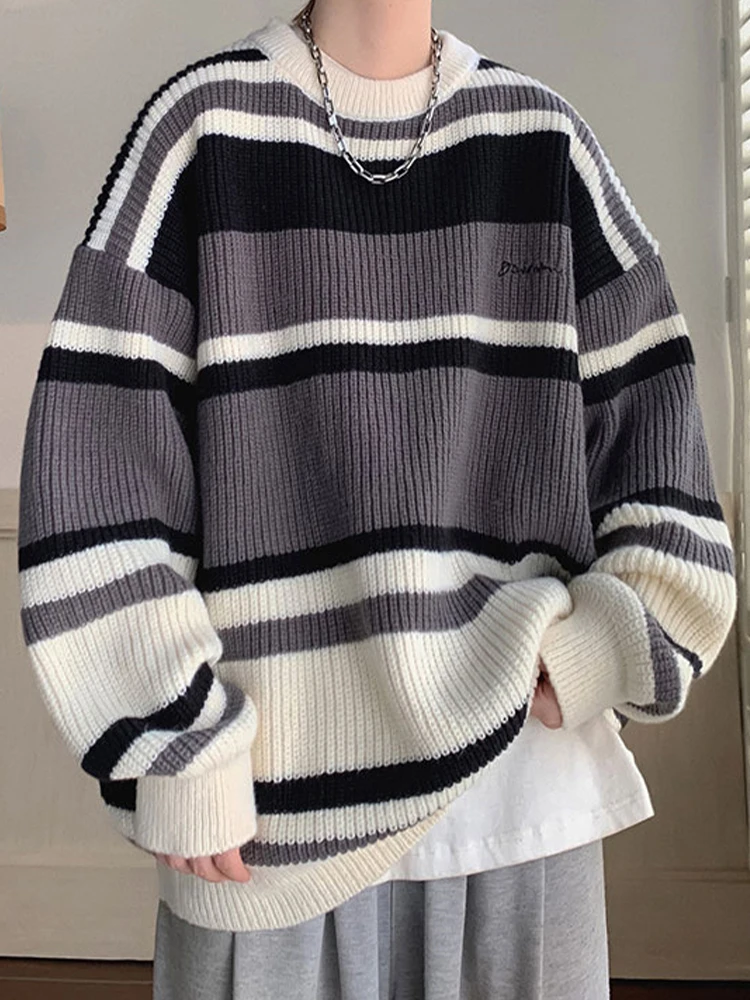 Striped Sweater Women Winter Embroidered Knitted Sweater Men Oversized Loose Contrast Color Pullover Retro Casual Jumpers Couple