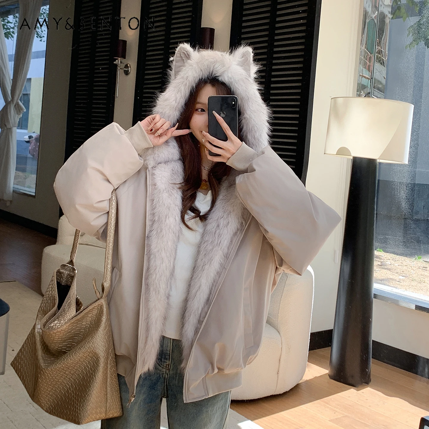 2025 Winter Korean Style Cat Ear Beige Furry Hooded Coat for Women Thickened and Lined Black Loose Casual Jacket