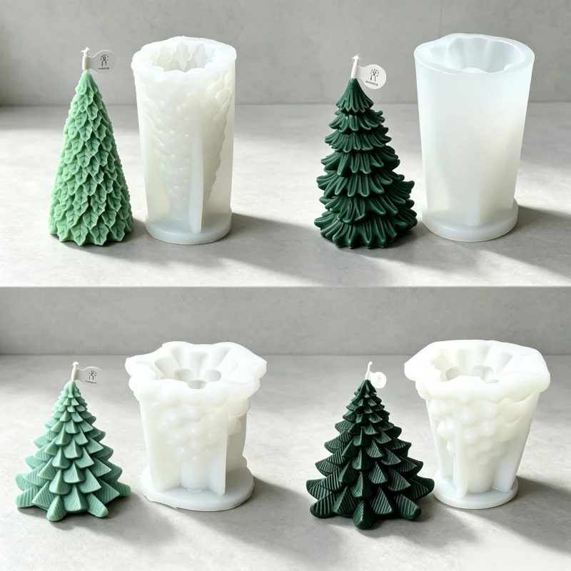 Beeswax Wrap - 3Dクリスマスツリー型シリコンキャンドルモールド、7種類のデザイン、積み重ねて使える雪の松ぼっくり型、DIY石鹸、レジン、石膏、ホームデコレーション、ギフトセット用