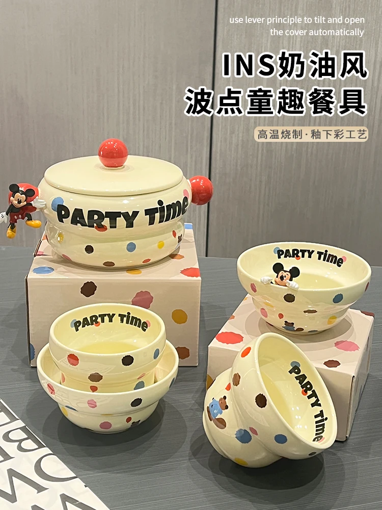 Cream wind ceramic tableware rice bowl cute cartoon polka dot small bowl salad bowl household hand cup with lid