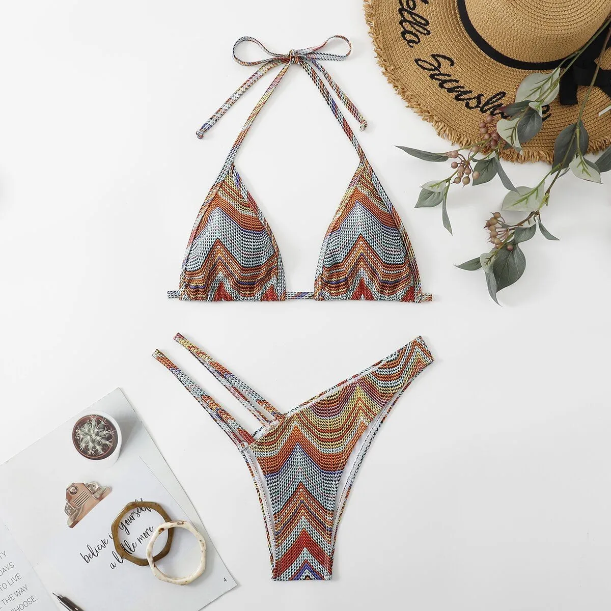 Conjunto de Bikini calado a rayas para mujer, traje de baño Sexy para fiesta en la piscina y vacaciones en la playa, novedad de 2025
