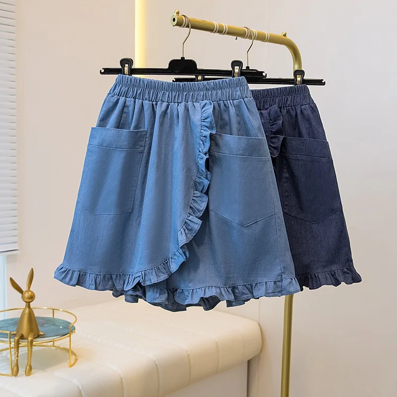 

Женские шорты с высокой талией и рюшами в стиле ретро, летние универсальные повседневные однотонные шорты с карманами, простые модные свободные шорты