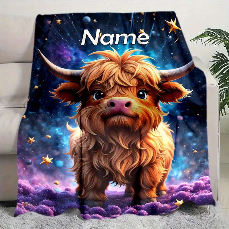 1 piece of 3D custom named Highland Cow Blanket personalized flannel shawl with Cosmic Star and Nebula patterns, soft, warm