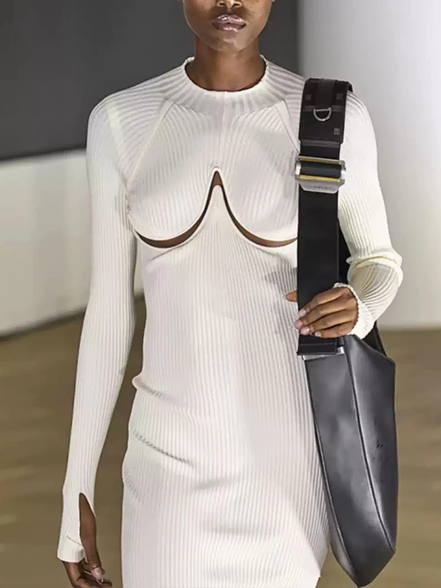 TWOTWINSTYLE New Solid Cut Out Knitting Elegant Dresses For Women O Neck Long Sleeve Pullover Slimming Midi Dress Female Fashion
