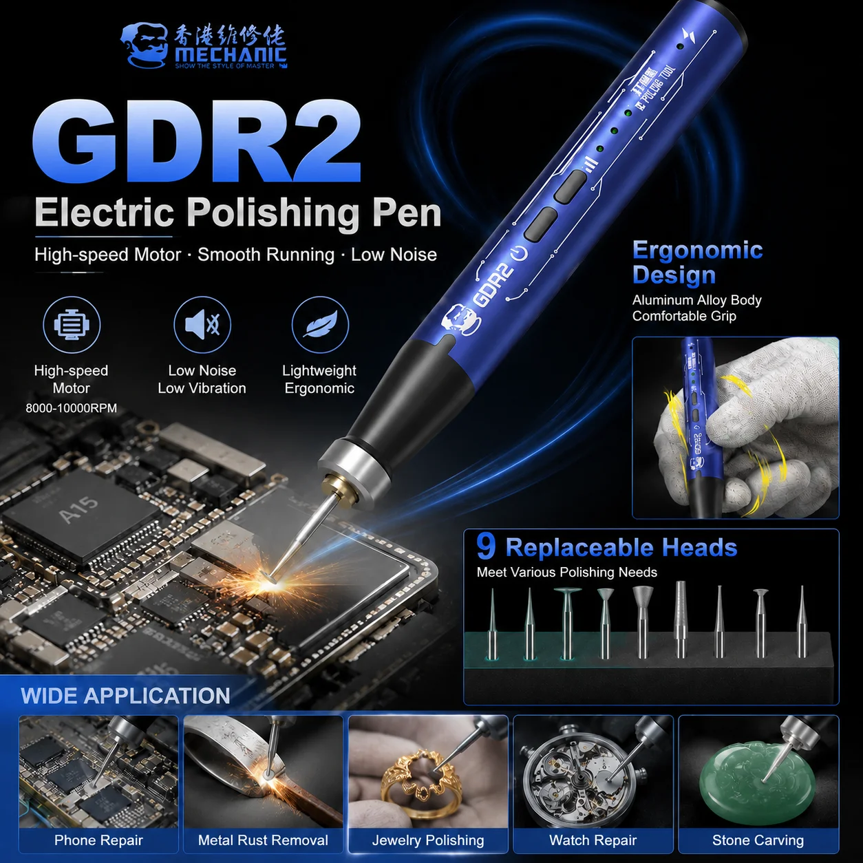 MECHANIC GDR2 Electric Polishing Pen Mini Grinder with 9 Heads for Phone PCB Repair Jewelry Metal Polishing