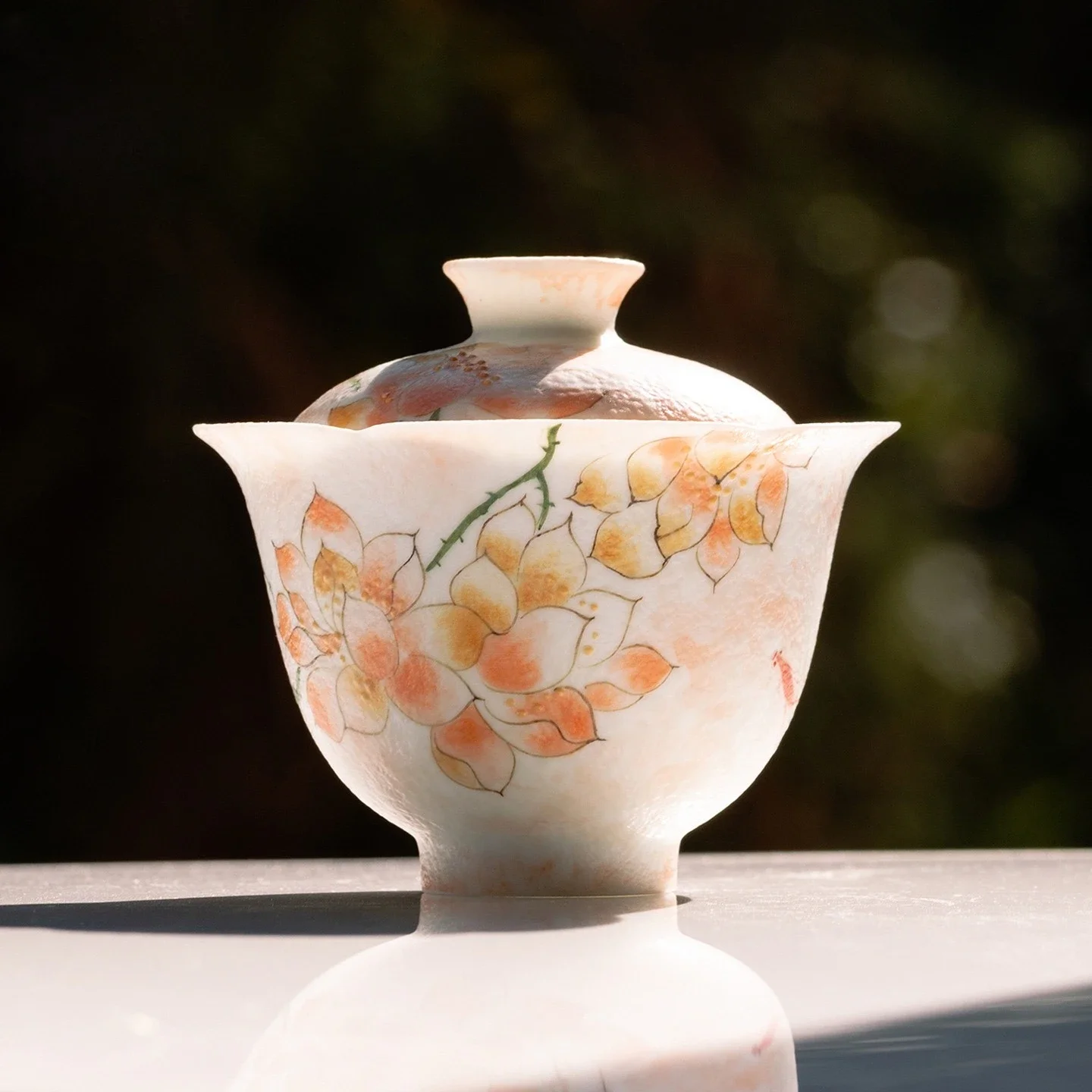1PC Snowflake White Hand-painted Fog Powder Magnolia Household High-value Ceramic Cover Bowl KungFu TeaSet Flower Mouth Tea Bowl