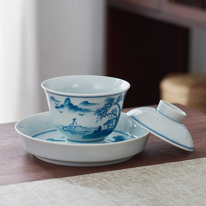 Hand Painted Landscape Cover Teacup Porcelain Set Large and Small Blue White Three Pieces Making Bowl Single
