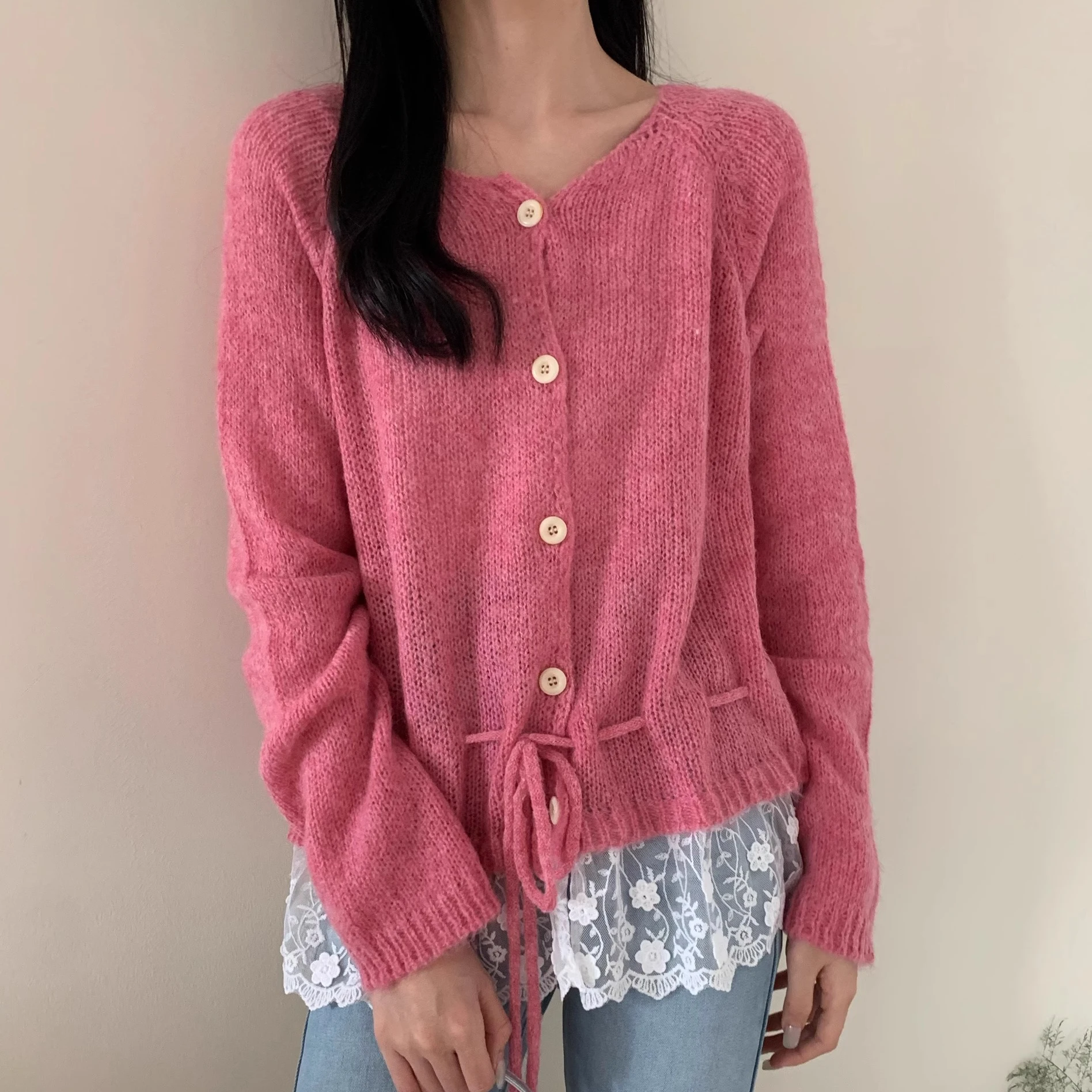 

Korean Round Neck Drawstring Lace Splicing Knitted Cardigan Women Sweet Spring Autumn New Thin Single Breasted Design Sweater