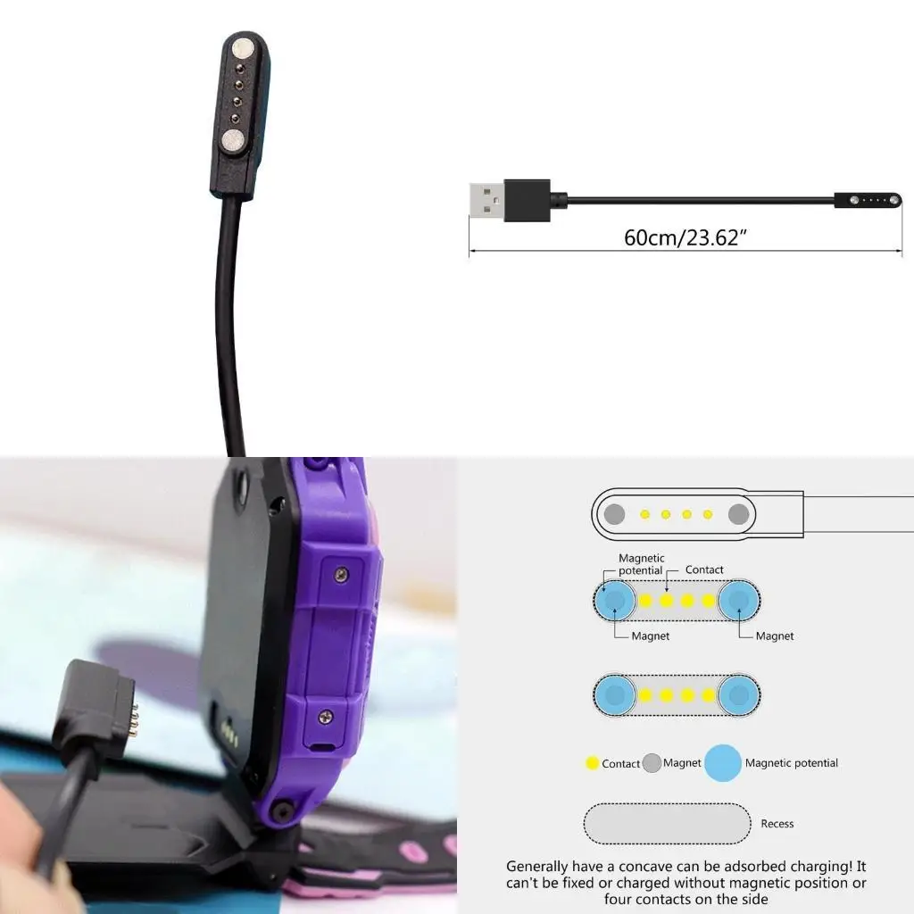 USB Charging Cable USB2.0 Male to 4Pin Suction Chargers Adapter Cord for 4pin 9mm Space Smartwatches