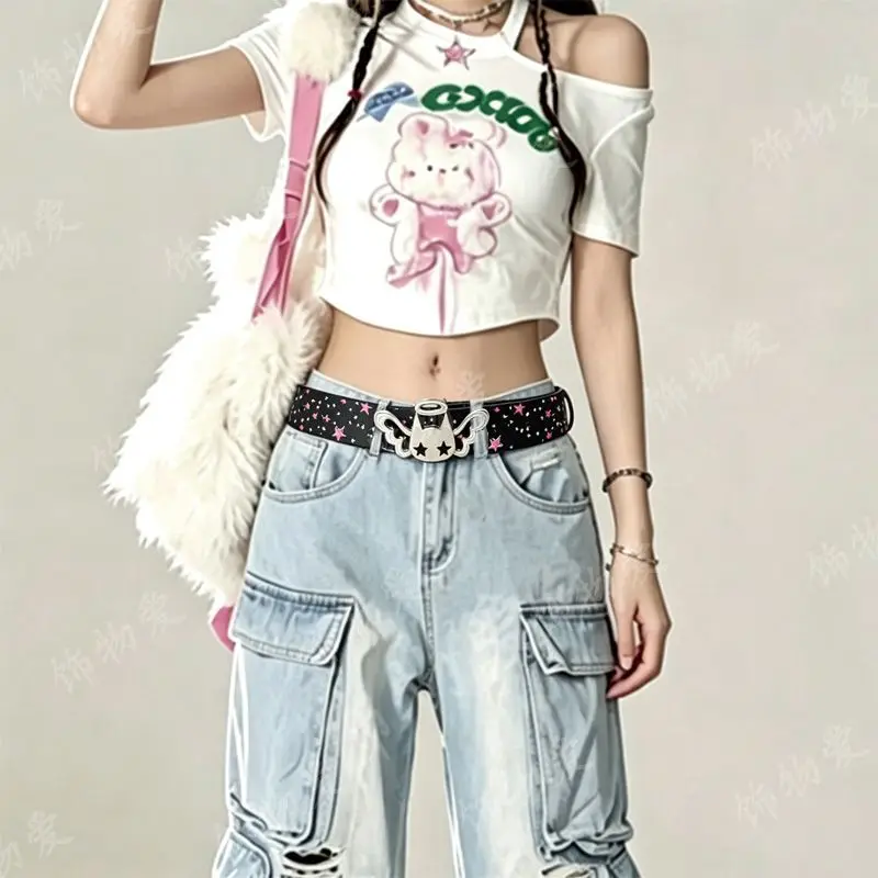 Niedlicher Engel-Süßigkeiten-Gürtel von Desiner Brands mit Herz- und Stern-Dopamin-Motiv, Metall-Punk-Rock-Stil, hübscher Y2K-Jeans-Gürtel aus breitem Leder für Damen – Detail 3