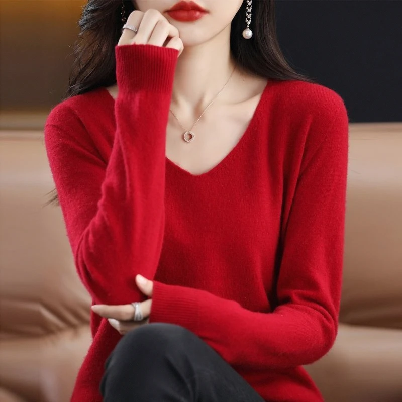 Senhoras high-end malha camere base irt v-ne elástico outono inverno faionable camisola ort sve outro 00% material