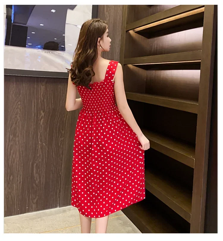 Damen Sommer Polka Dot Chiffon Langes Kleid Elegantes Quadratischer Ausschnitt Ärmelloses Kleid Lässige Damenkleider – Detail 26