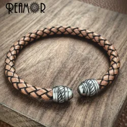 REAMOR Fashion Genuine Leather Cuff Bangles Lion Adjustable Stainless Steel Wire Bracelet Easy Wear Simple Bracelet Men Jewelry
