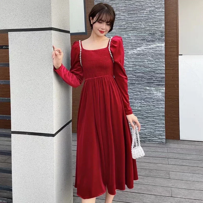 

Spring Fall Women Vintage Slash Neck Wine Red Black Coffee Long Velvet Dress , Woman Winter Elegant Pearls Velour Dresses