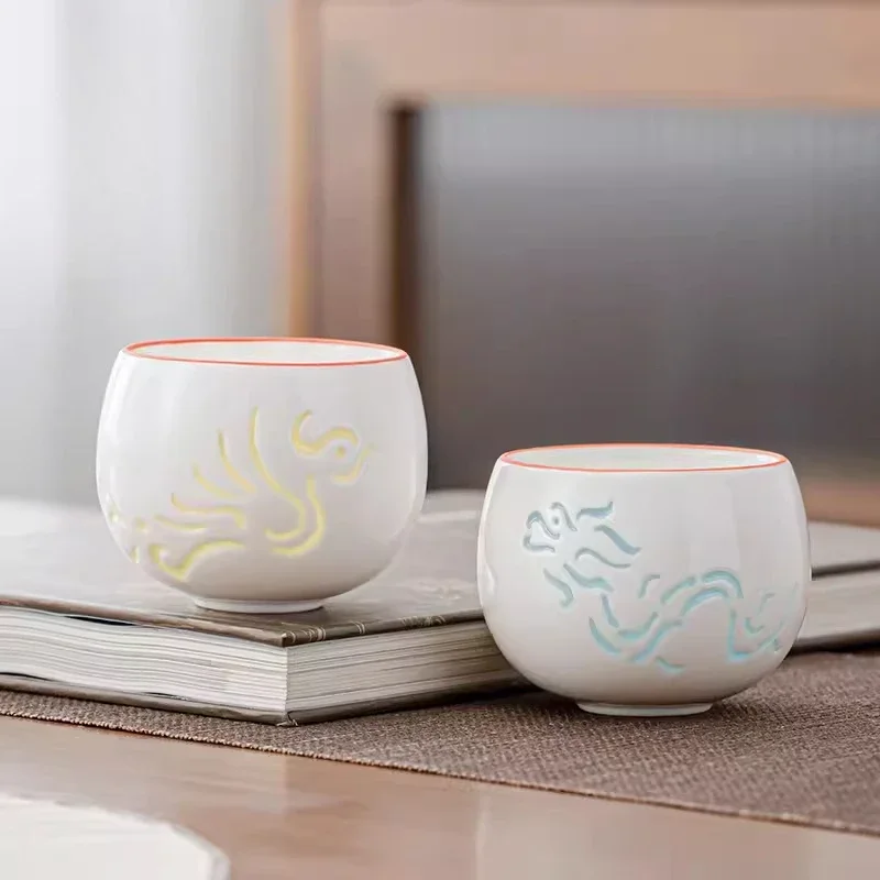 Mutton Fat Jade Porcelain Gongfu Tea Cup Set， Handmade Hollow Dragon Phoenix Design， Chinese Ceramic Tea Cup for Tea Ceremony