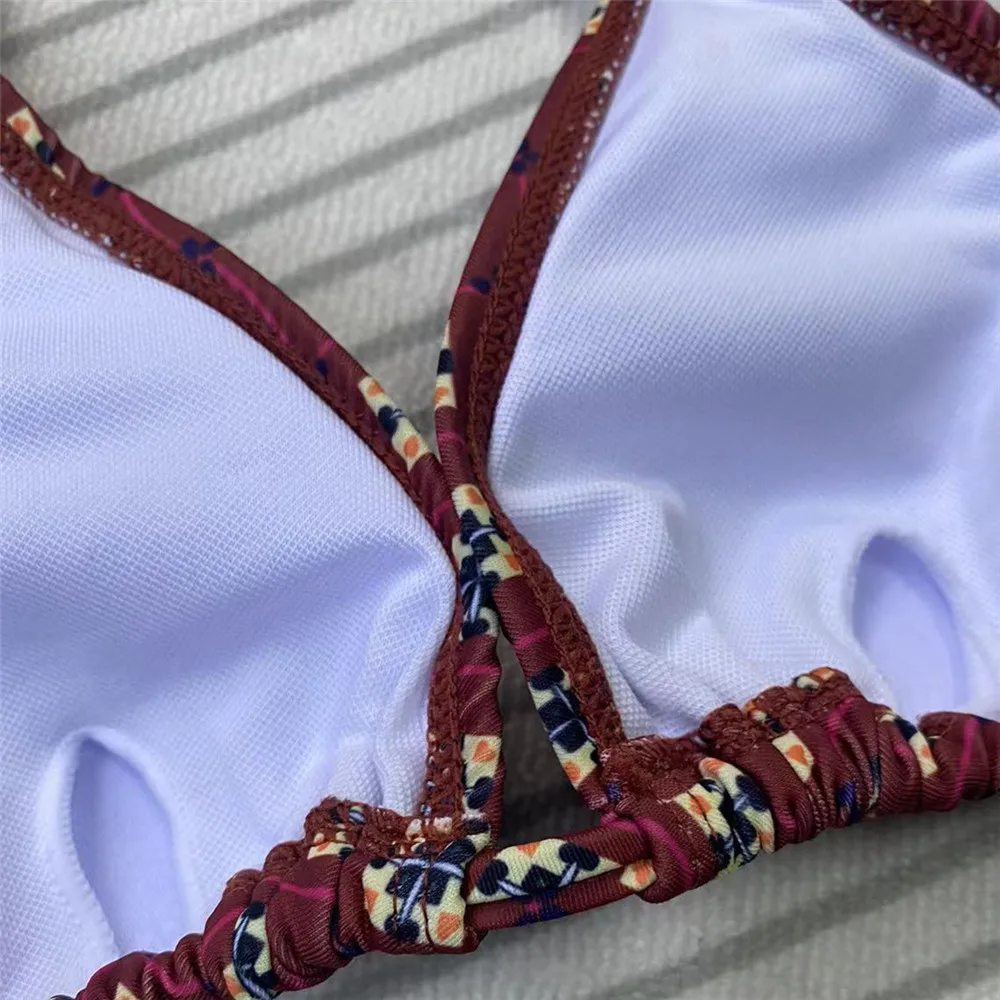 Sexy Brown Floral Print String Halter Triangle Bikini Micro Thong Swimsuits Women 2024 Swimwear Bathing Suit Bikinis Set Mujer