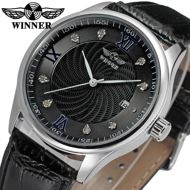 Fashion Winner Top Brand Men's Leisure Hollowed Out Diamond Inlaid Calendar Fully Automated Business Equipment Leather Watches