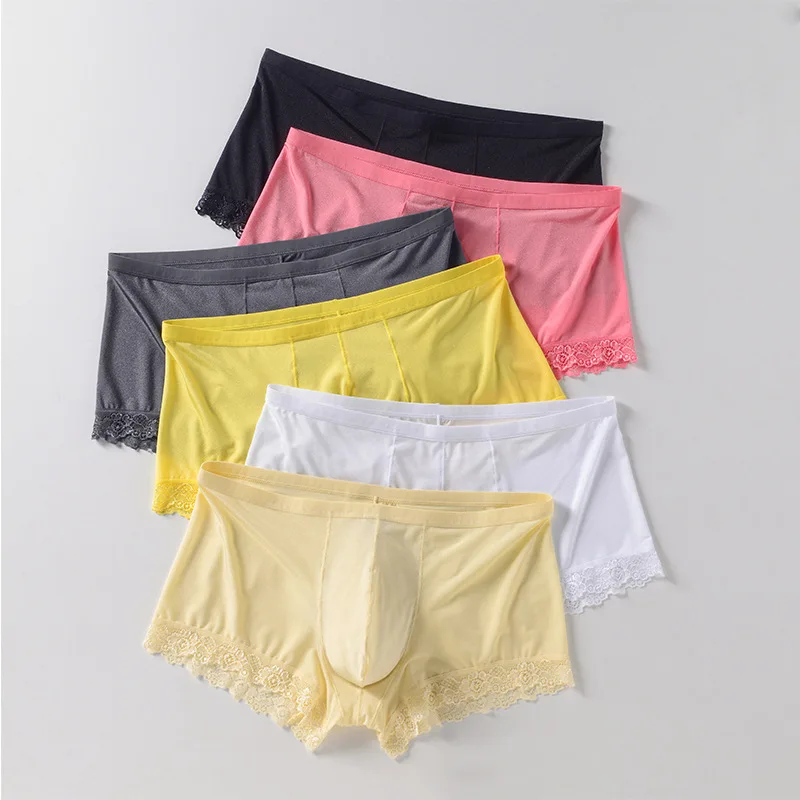 الحرير الجليد رقيقة الدانتيل رجل الملابس الداخلية بلون منتصف الخصر سراويل بوكسر سلس تنفس مثير الرجال سراويل التجفيف السريع السروال #6