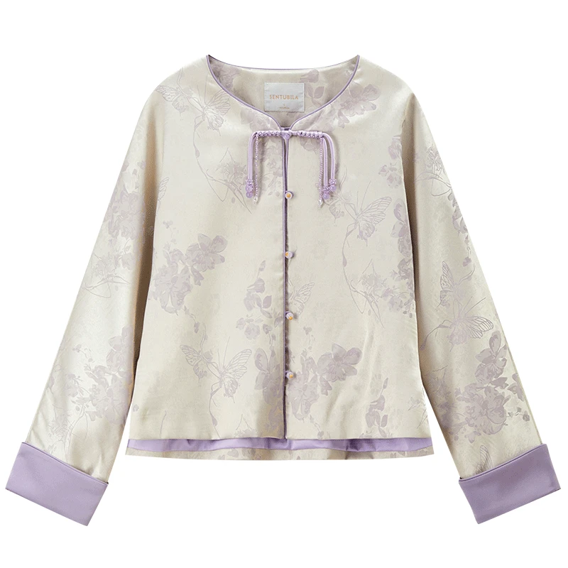 SENTUBILA Elegant Chinese Style Jackets For Women 2025 Autumn Luxury Loose Floral Print Coat Crew Neck Party Outerwear Q53WL3114