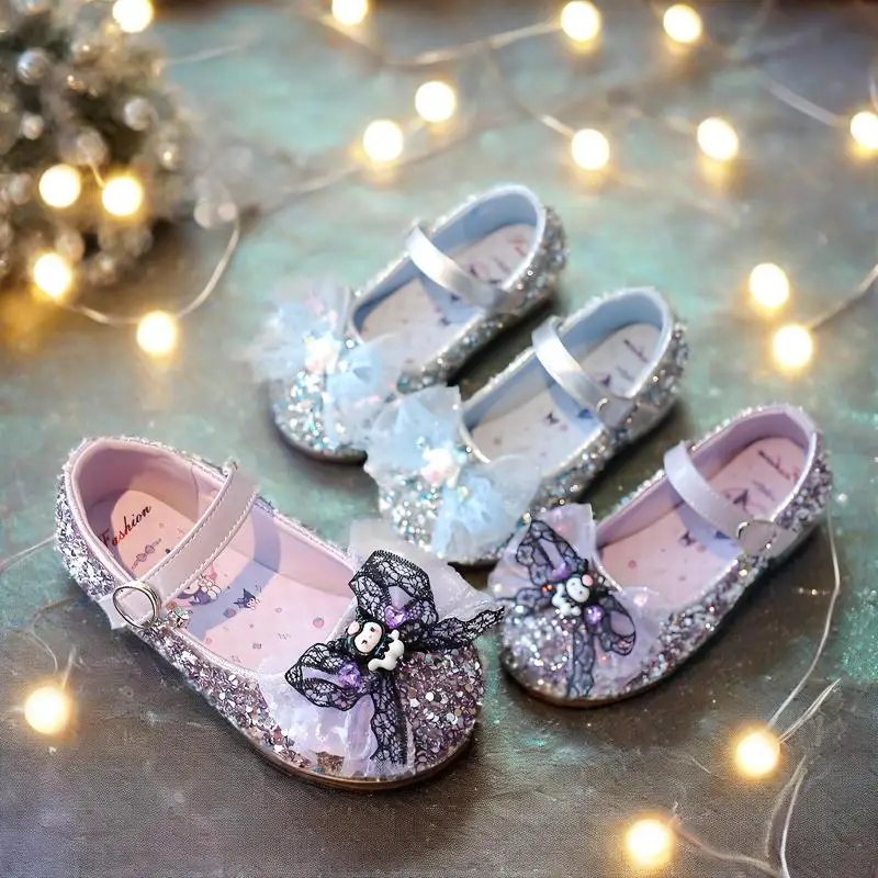 

Miniso Kawaii Kuromi Girls Shoe New Style Cartoon Soft Sole Single Shoes Cinnamorol Child Crystal Shiny Performance Party Shoes